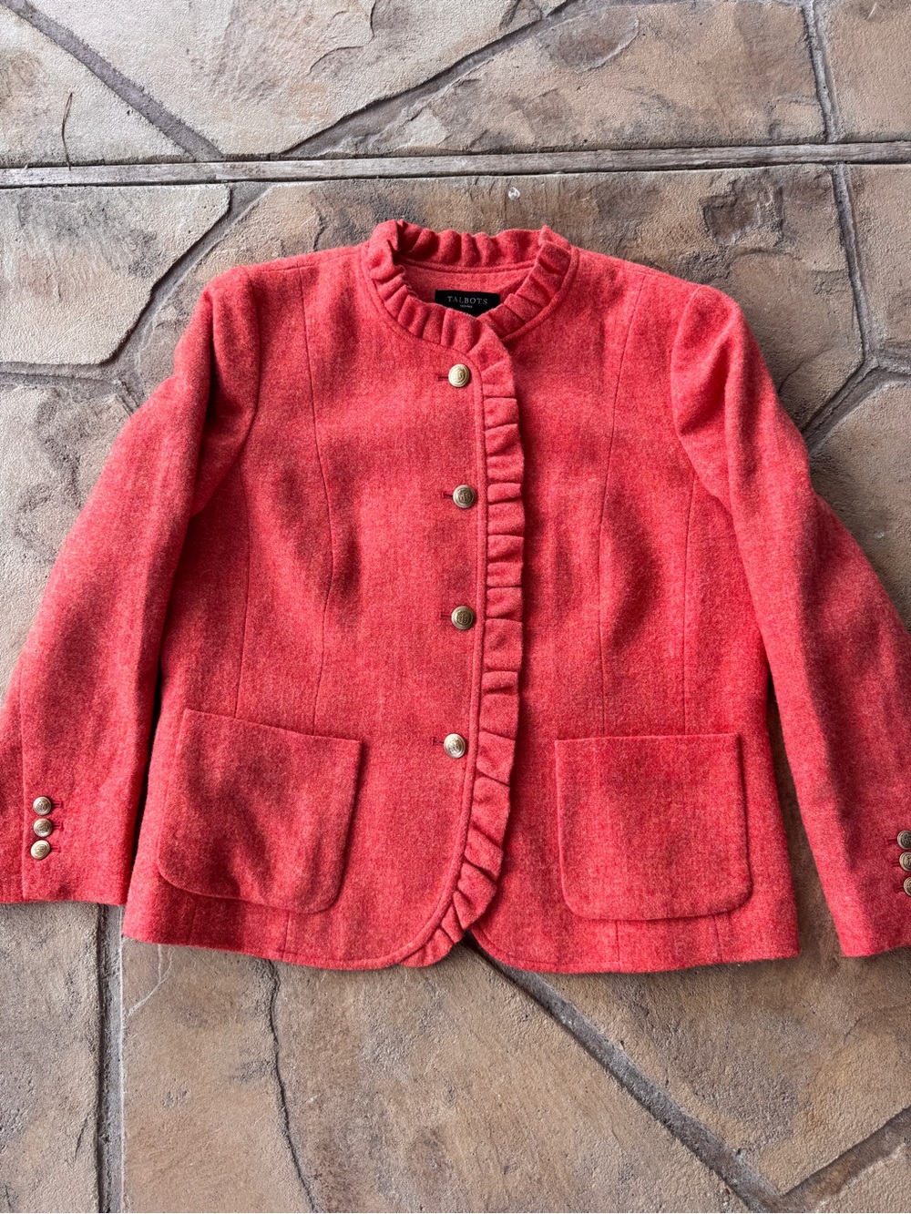 Talbots Petites 16P Wool Blend Ruffle Trim Jacket Coral Pink Button Front Lined - Picture 12 of 15